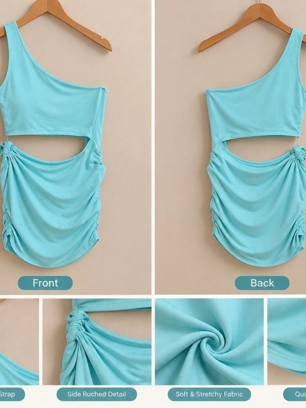 SHEIN Essnce One Shoulder Cutout Waist Ruched Dress Ruched One-Piece Blue